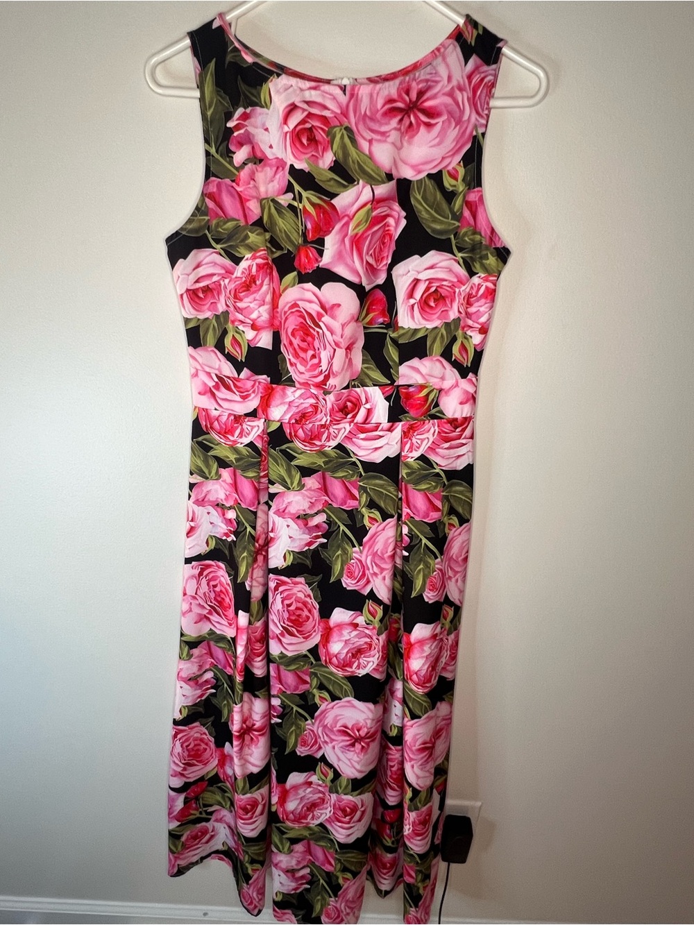 Sleeveless Black Maxi Dress with Pink Rose Print